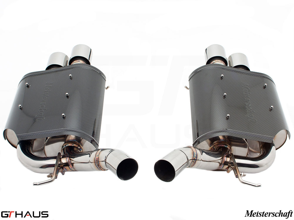 Premium Meisterschaft exhaust system for BMW E63/64 6 Series 645Ci/650Ci, featuring stainless steel and carbon components.