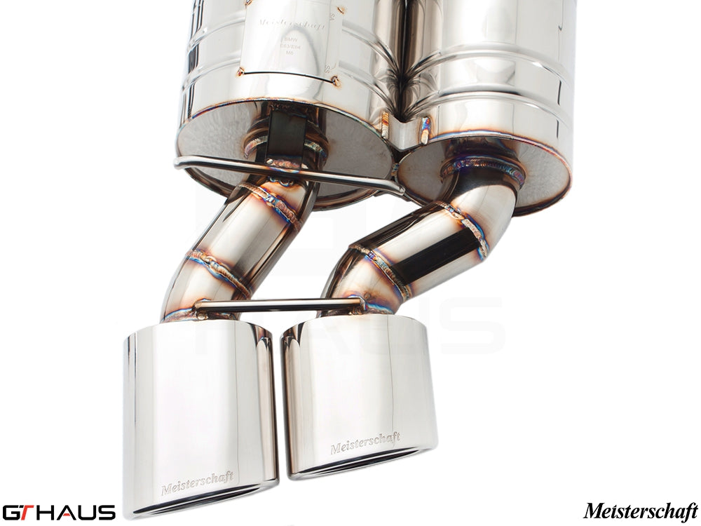 Premium Meisterschaft exhaust system for BMW E63/64 M6 V10, featuring polished stainless steel and dual tips.
