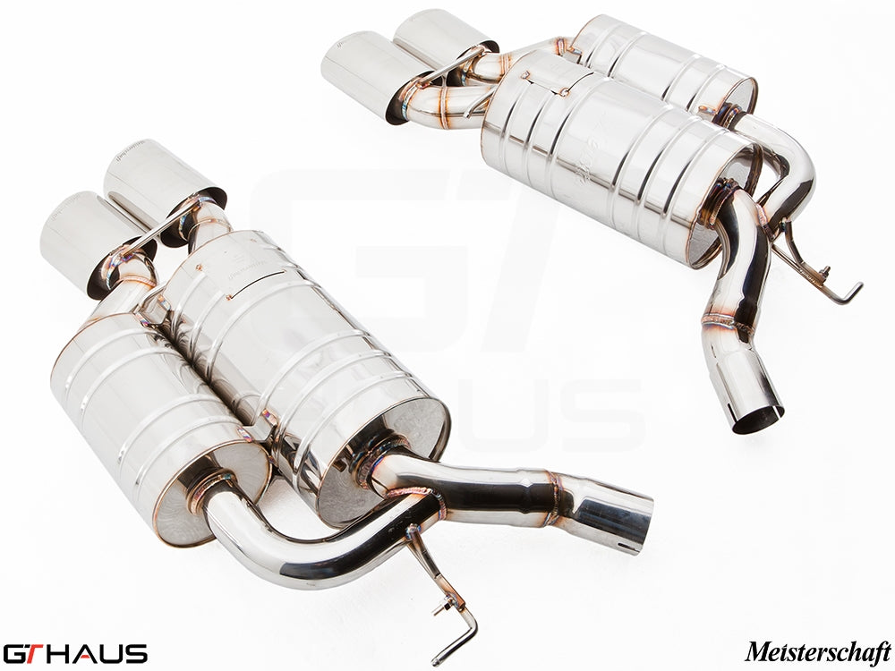 Premium performance exhaust system for BMW E63/64 M6 V10, featuring polished stainless steel construction and dual tips.
