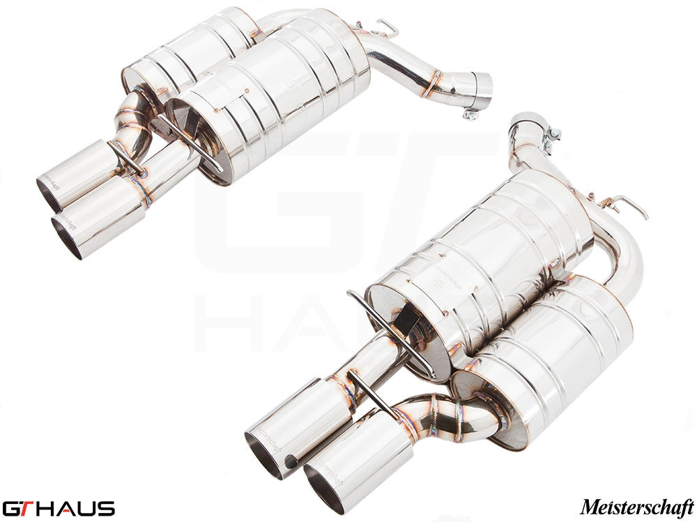 Premium Meisterschaft exhaust system for BMW E63/64 M6 V10, featuring polished stainless steel construction and dual tips.