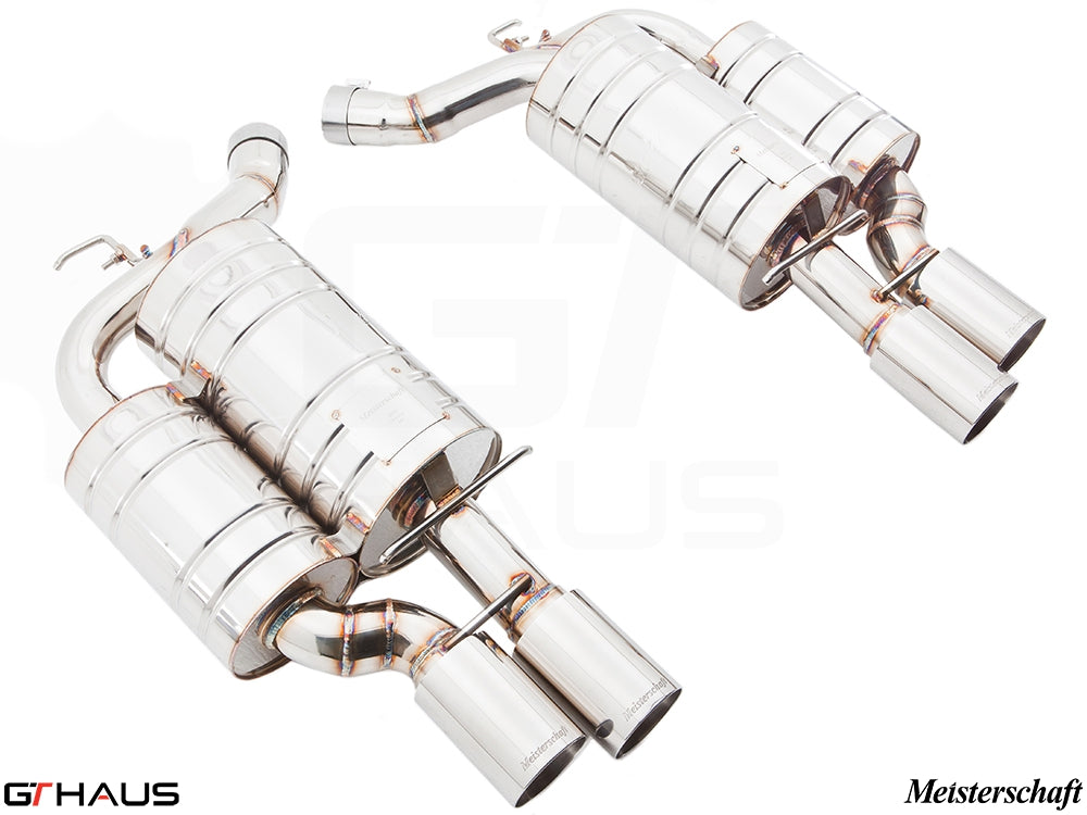 Premium Meisterschaft exhaust system for BMW E63/64 M6 V10, featuring polished stainless steel construction and dual tips.