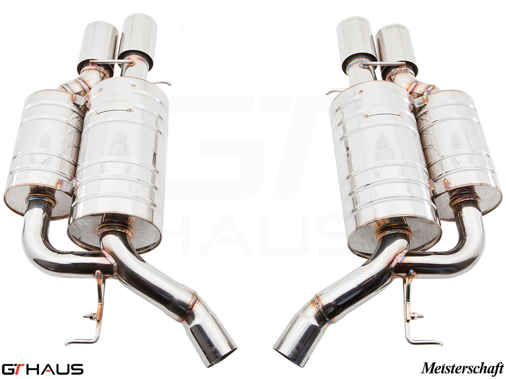 Premium exhaust system for BMW E63/64 M6 V10 (2006-2010), featuring polished stainless steel construction and dual tips.