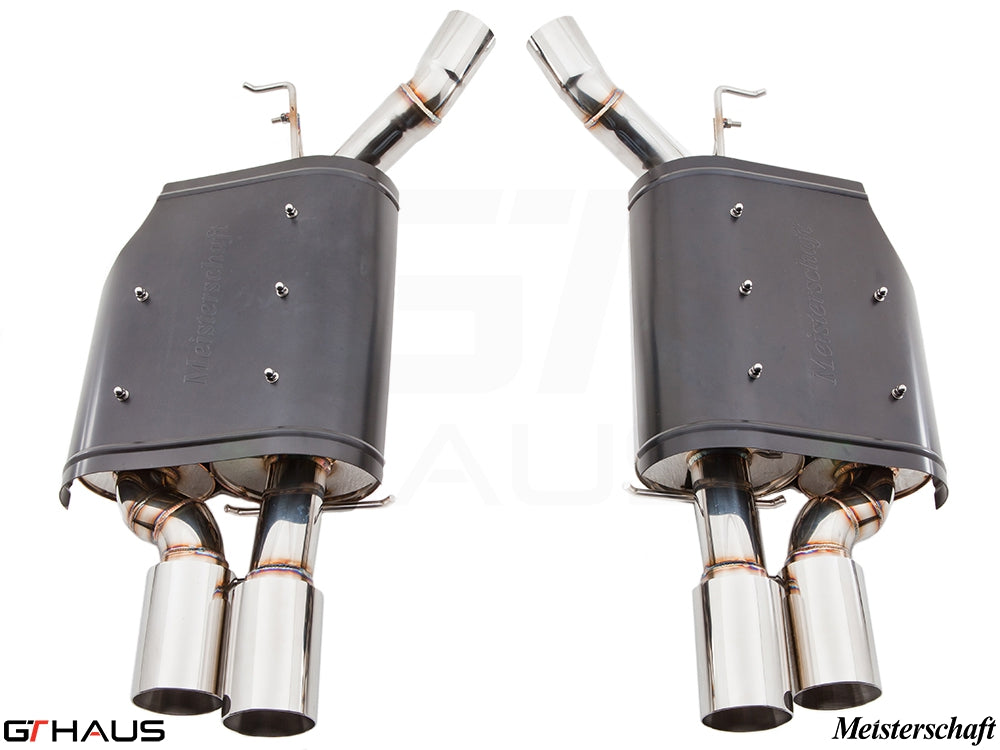 Premium Meisterschaft exhaust system for BMW E63/64 M6 V10, featuring dual polished tips and high-performance design.