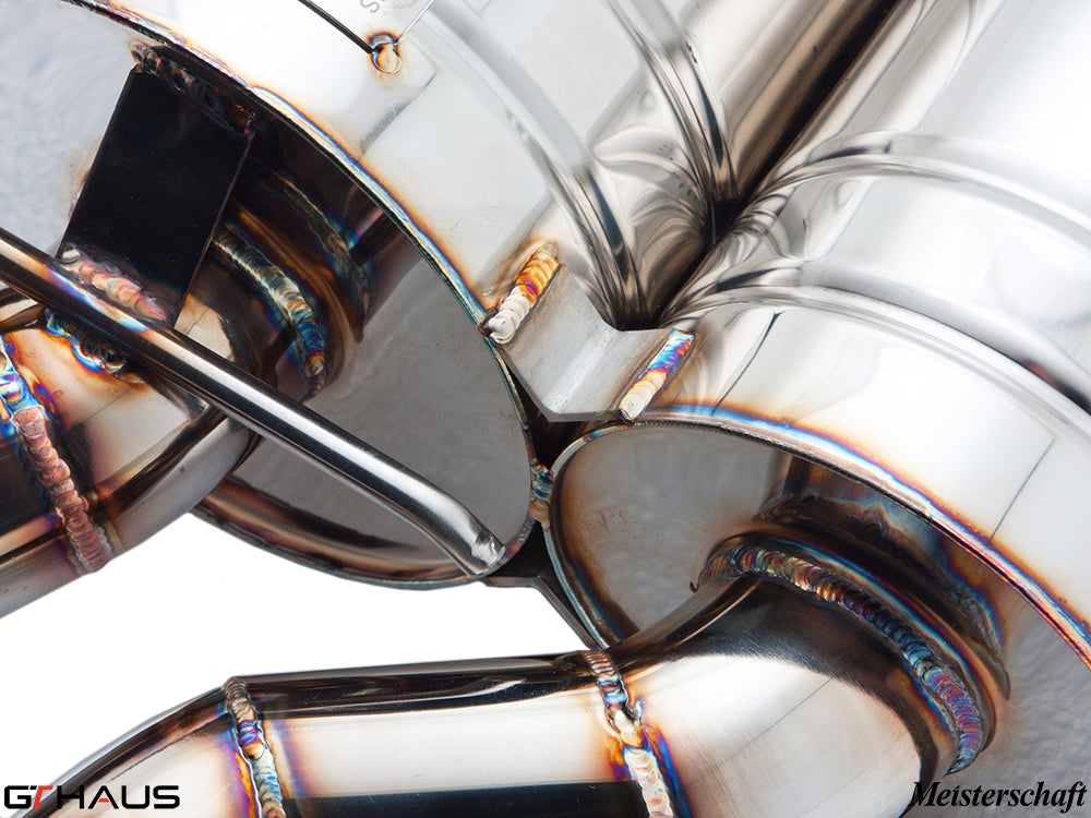 Premium stainless steel exhaust system for BMW E63/64 M6 V10, showcasing precision craftsmanship and weld details.
