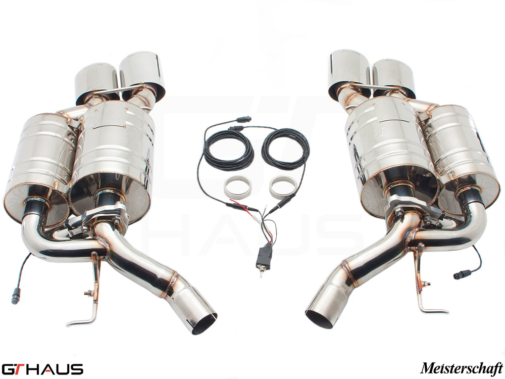 Premium Meisterschaft exhaust system for BMW E63/64 M6 V10, featuring stainless steel construction and electronic valve control.