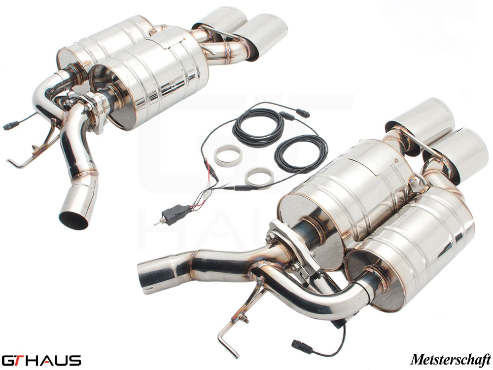Premium Meisterschaft exhaust system for BMW E63/64 M6 V10, featuring stainless steel construction and electronic valve control.