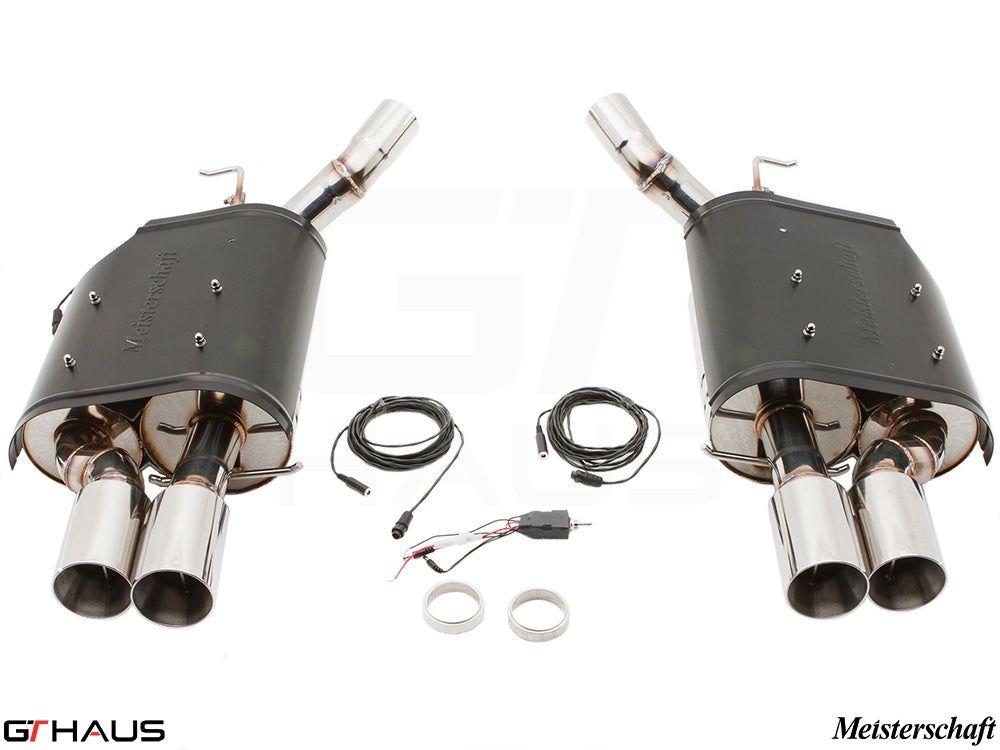 Meisterschaft exhaust system for BMW E63/64 M6 V10, featuring dual tips and electronic valve control for enhanced performance.