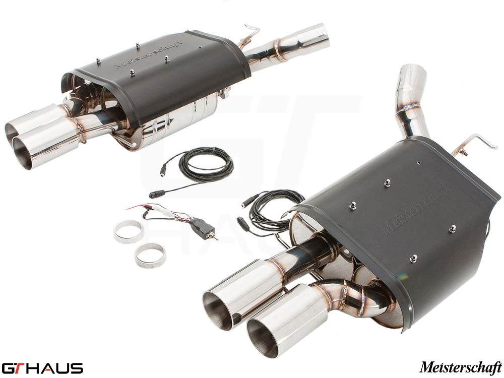 Premium Meisterschaft exhaust system for BMW E63/64 M6 V10, featuring dual polished tips and electronic valve control.