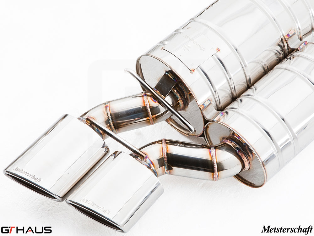 Premium Meisterschaft exhaust system for BMW E63/64 M6 V10, featuring polished stainless steel and dual tips.