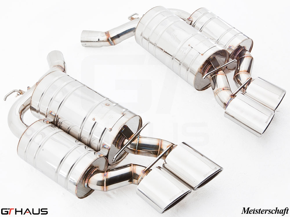 Premium performance exhaust system for BMW E63/64 M6 V10, featuring polished stainless steel construction and dual tips.