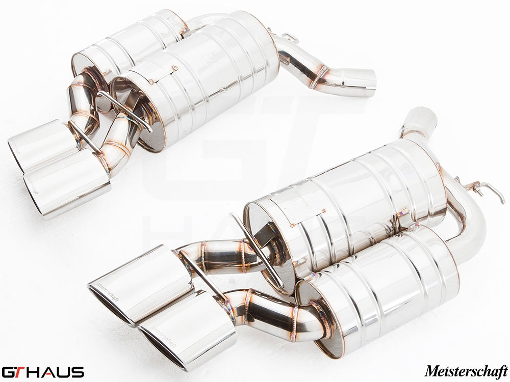 Premium Meisterschaft exhaust system for BMW E63/64 M6 V10, featuring polished stainless steel construction and dual tips.