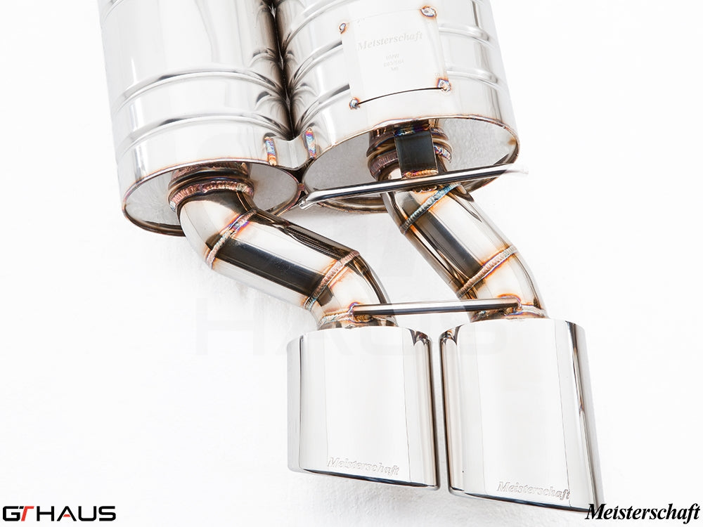 Premium Meisterschaft exhaust system for BMW E63/64 M6 V10, featuring polished stainless steel and dual tips.