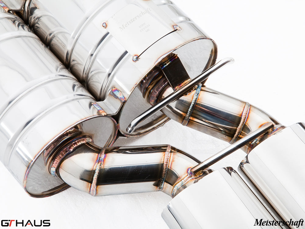 Premium Meisterschaft exhaust system for BMW E63/64 M6 V10, showcasing polished stainless steel construction and precision design.