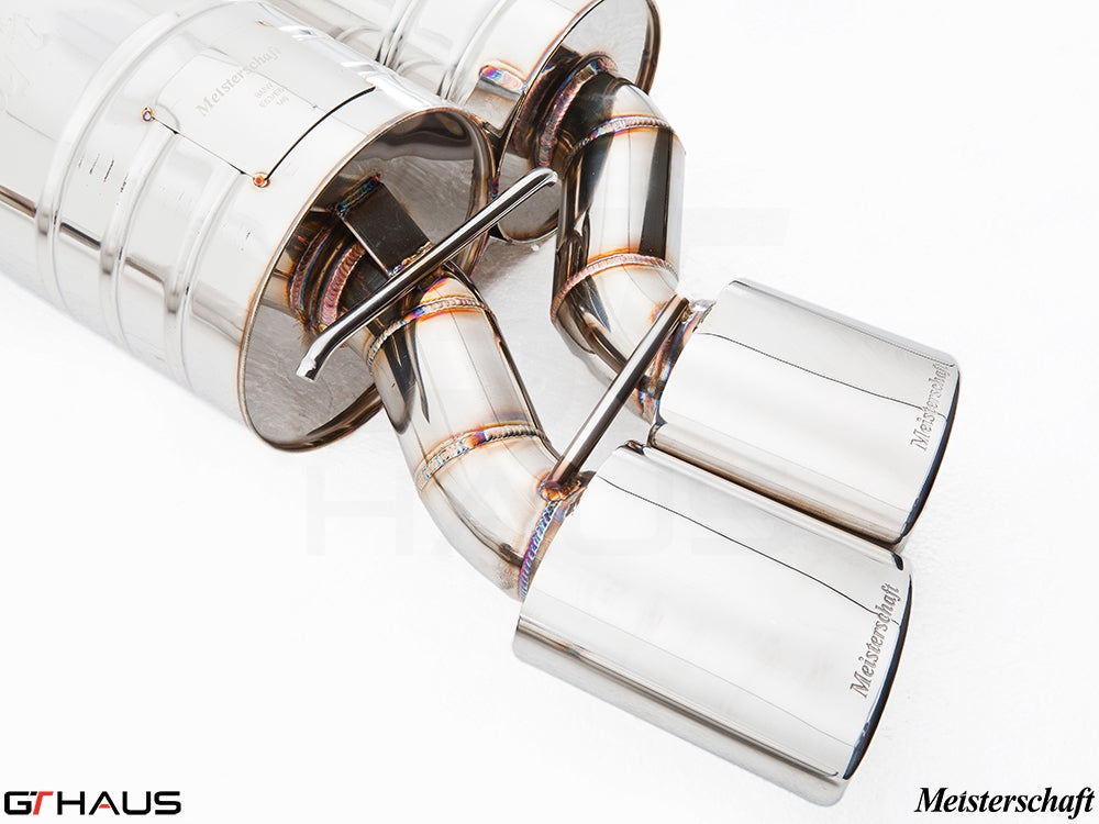 Premium Meisterschaft exhaust system for BMW E63/64 M6 V10, featuring polished stainless steel tips and advanced design.