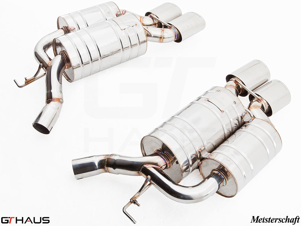 Premium Meisterschaft exhaust system for BMW E63/64 M6 V10, featuring polished stainless steel construction and dual tips.