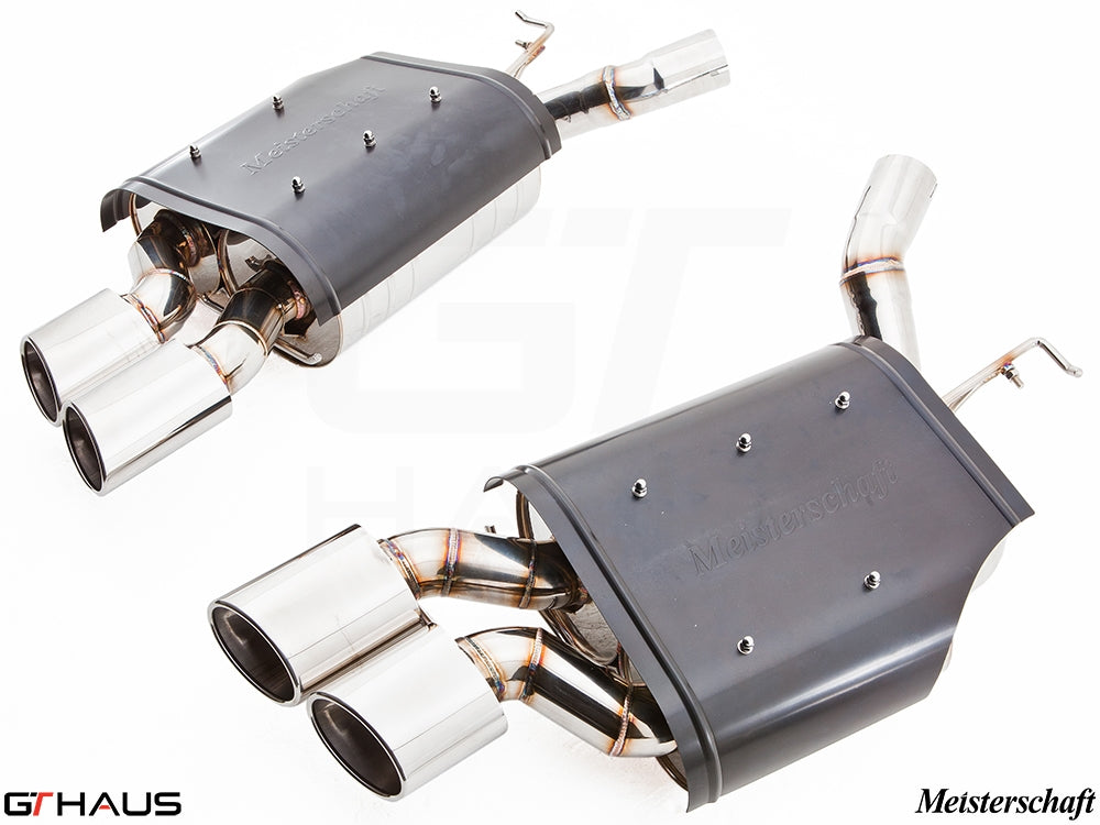 Premium Meisterschaft exhaust system for BMW E63/64 M6 V10, featuring dual polished tips and high-performance design.