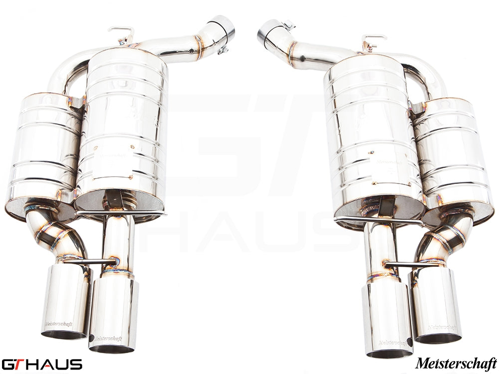 Premium Meisterschaft exhaust system for BMW E63/64 M6 V10, featuring polished stainless steel construction and dual tips.