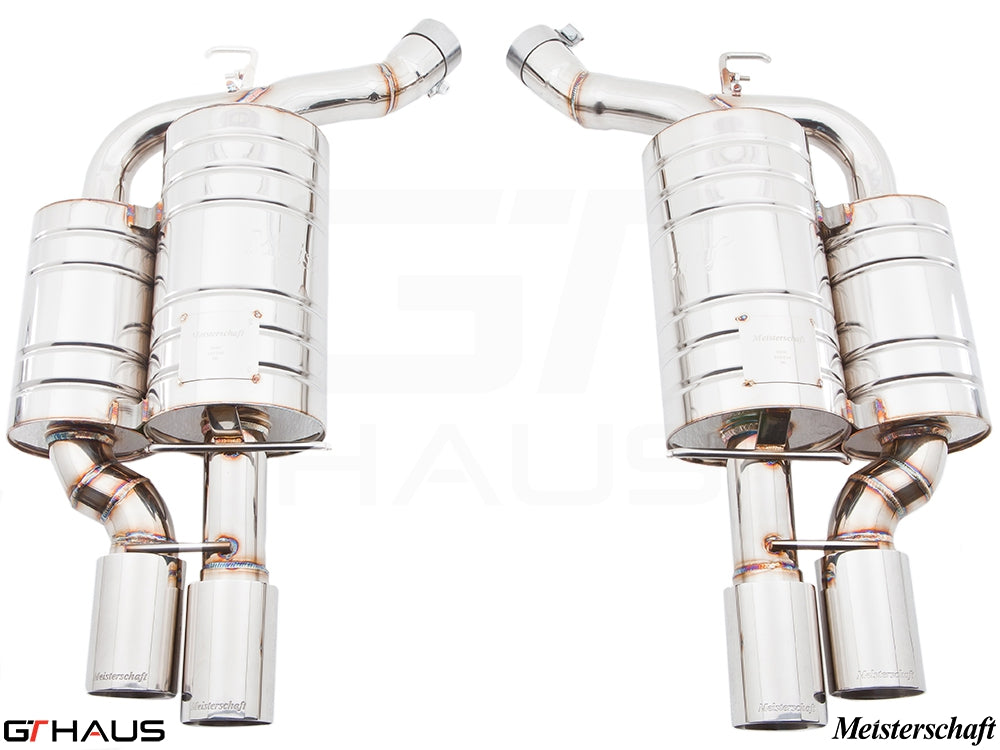 Premium performance exhaust system for BMW E63/64 M6 V10, featuring polished stainless steel construction and dual tips.