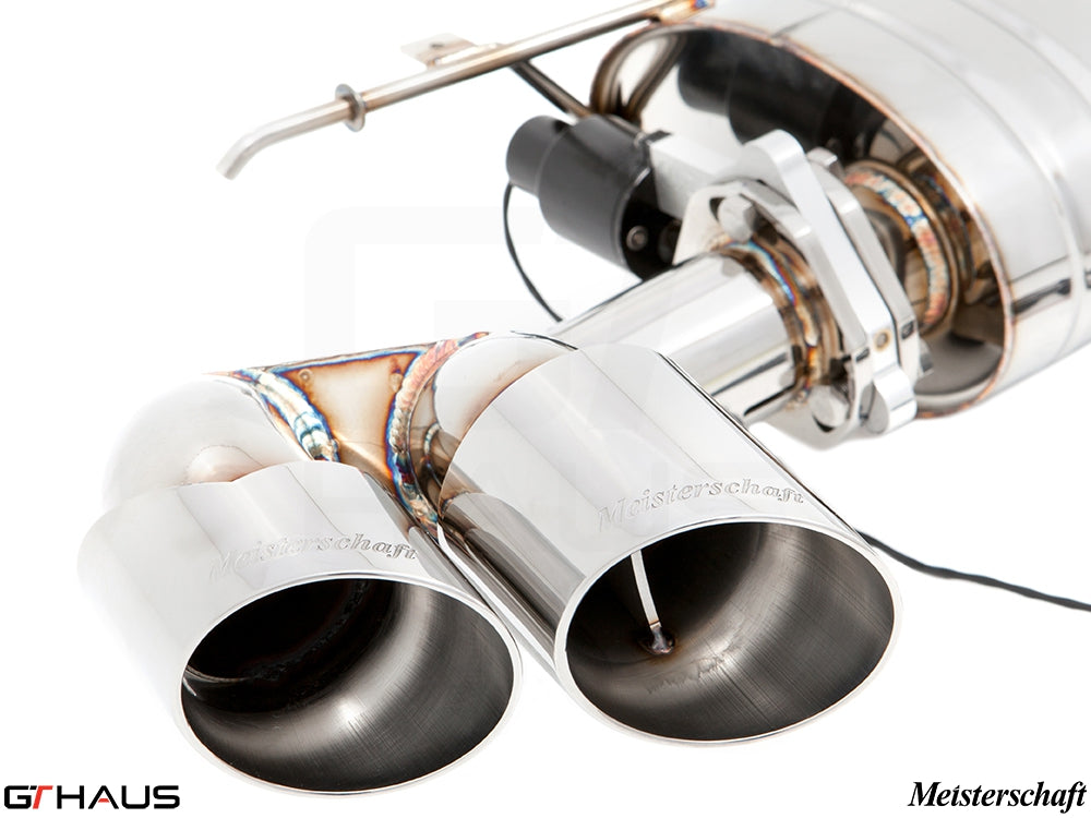 Premium Meisterschaft exhaust system for BMW E70 X5 3.5i N55 Turbo, featuring polished dual tips and electronic valve control.