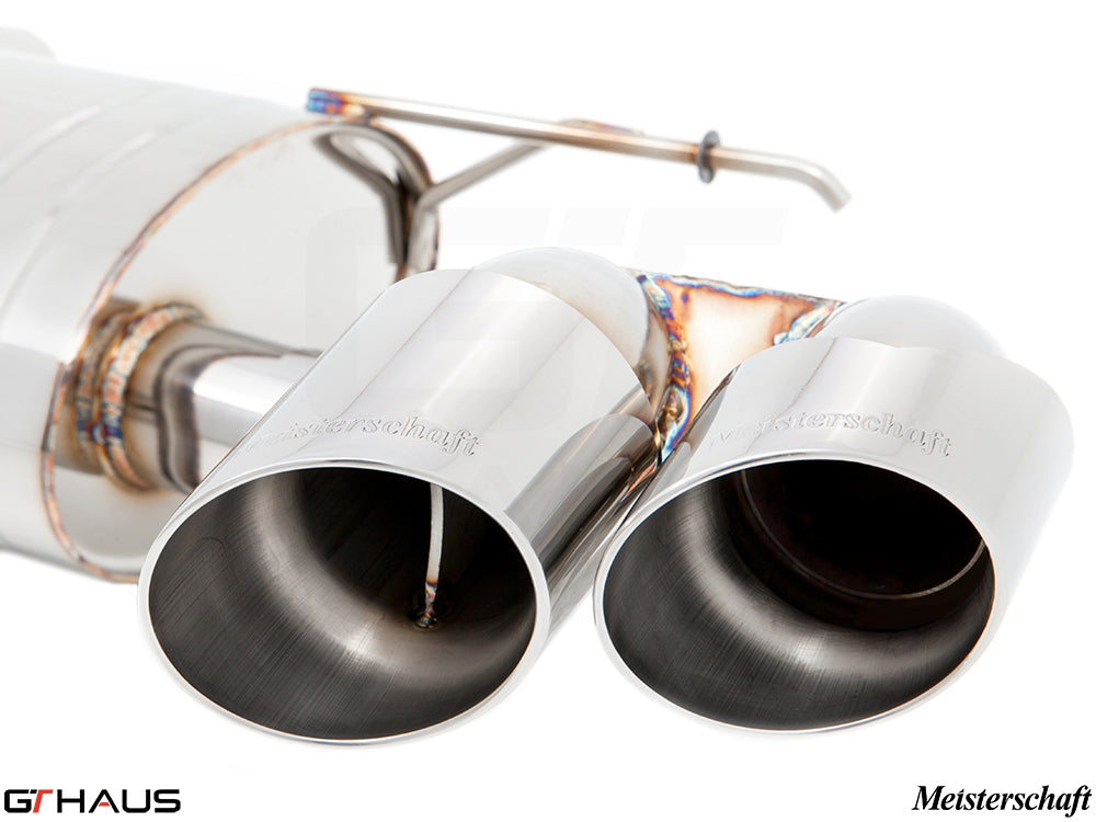 Premium Meisterschaft exhaust tips for BMW E70 X5 3.5i N55 Turbo, showcasing polished stainless steel finish and craftsmanship.