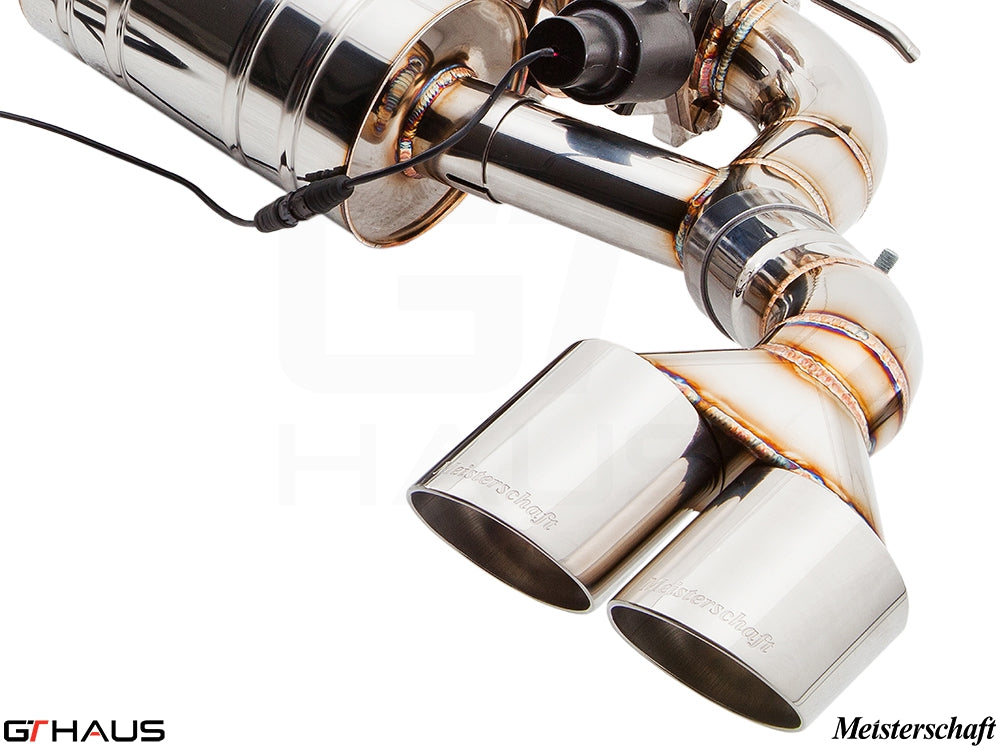 Premium exhaust system for BMW E70 X5 4.8i, featuring polished stainless steel construction and dual tips.