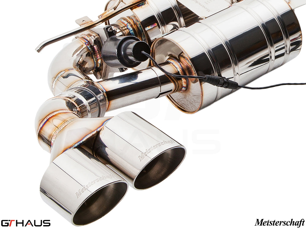 Premium Meisterschaft exhaust system for BMW E70 X5 4.8i, featuring polished stainless steel and electronic valve control.