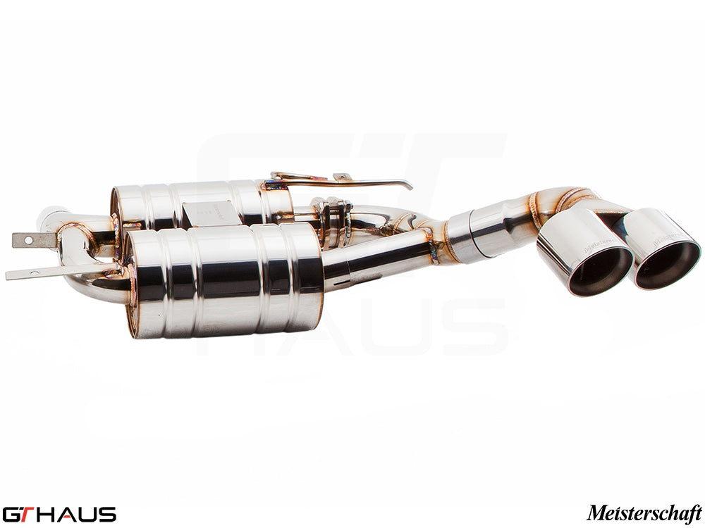 Premium Meisterschaft exhaust system for BMW E70 X5 SAV 4.8i, featuring polished stainless steel and dual tips.