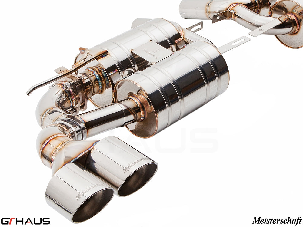 Premium Meisterschaft exhaust system for BMW E70 X5 4.8i, featuring polished stainless steel and dual tips.