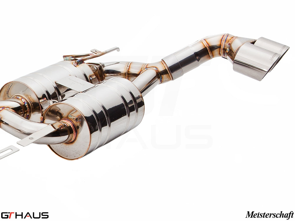 Premium Meisterschaft exhaust system for BMW E70 X5 SAV 4.8i, featuring stainless steel construction and dual tips.