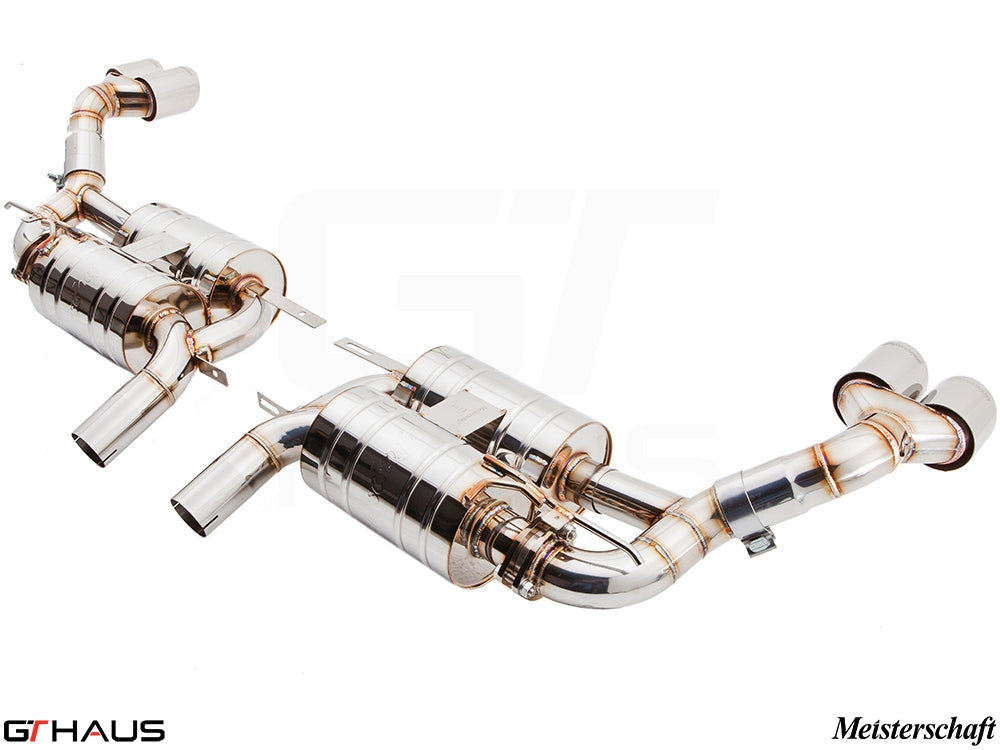 Premium Meisterschaft exhaust system for BMW E70 X5 SAV 4.8i, featuring polished stainless steel construction and dual tips.