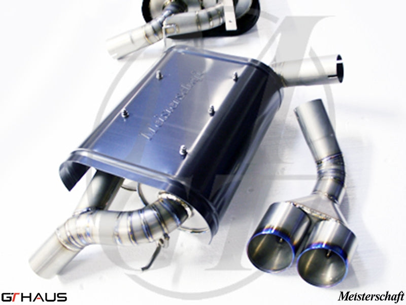 Premium Meisterschaft exhaust system for BMW E70 X5 4.8i, featuring stainless steel construction and dual tips.