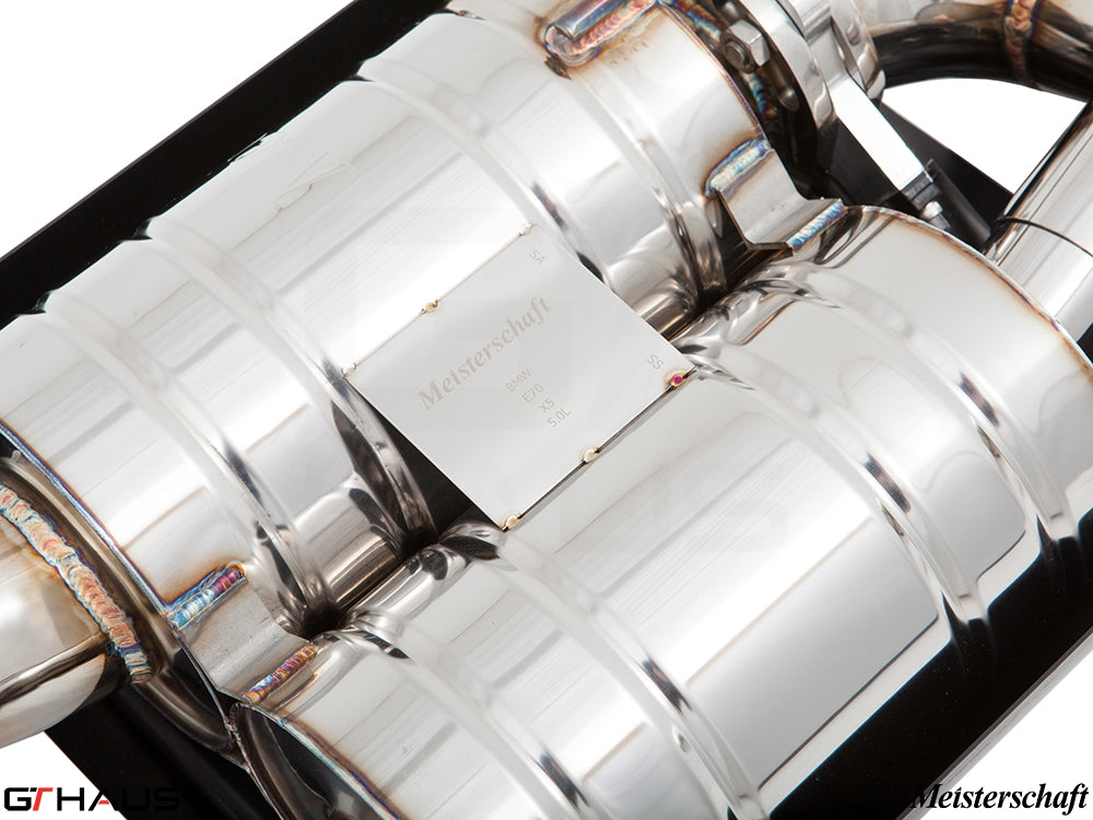 Premium Meisterschaft exhaust system for BMW E70 X5 5.0i, featuring polished stainless steel construction and precision engineering.