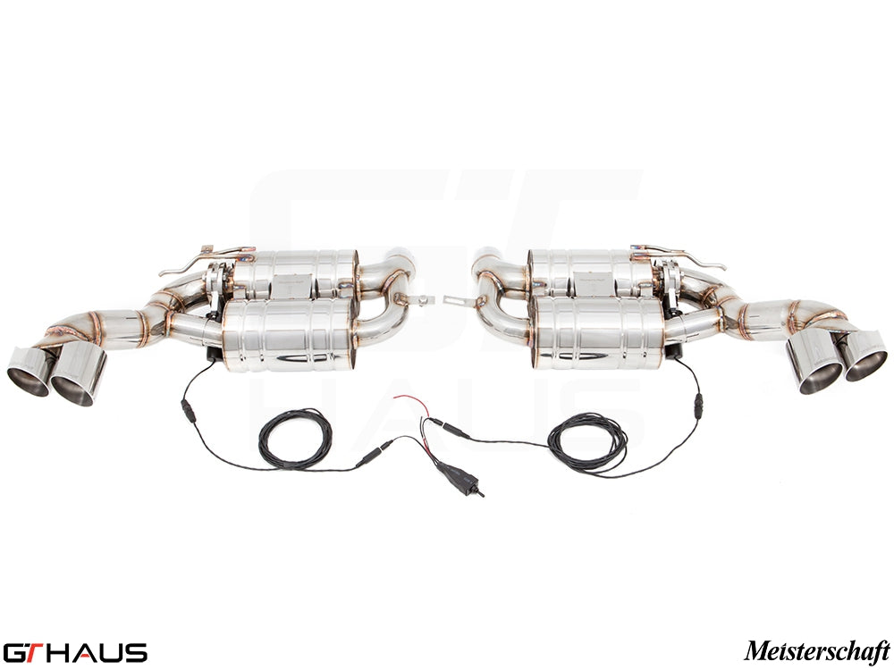 Premium Meisterschaft exhaust system for BMW E70 X5 5.0i, featuring dual tips and electronic valve control.