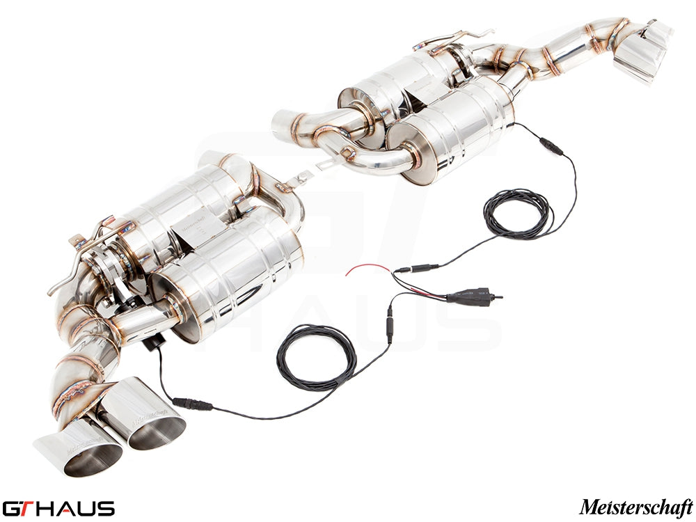 Premium performance exhaust system for BMW E70 X5 5.0i, featuring dual bi-turbo design and electronic valve control.