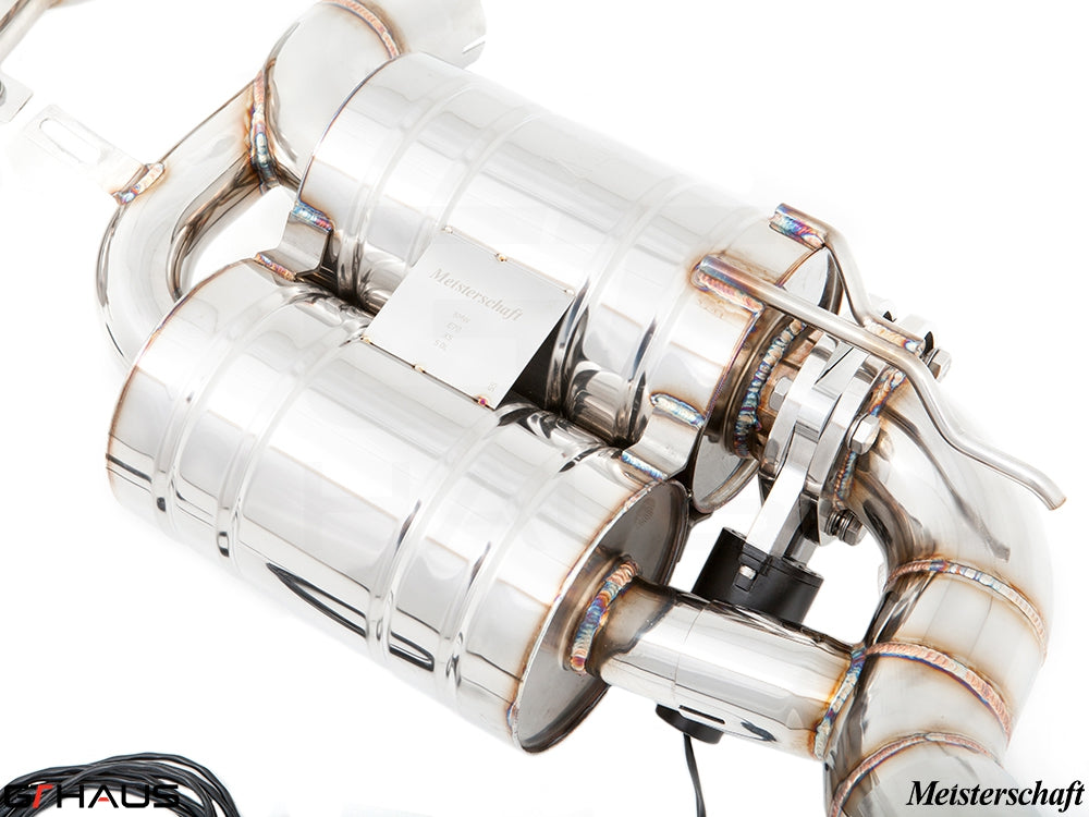 Premium Meisterschaft exhaust system for BMW E70 X5 5.0i, featuring stainless steel construction and electronic valve control.