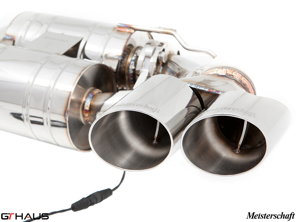 Premium Meisterschaft exhaust system for BMW E70 X5 SAV 5.0i, featuring polished stainless steel tips and electronic valve control.