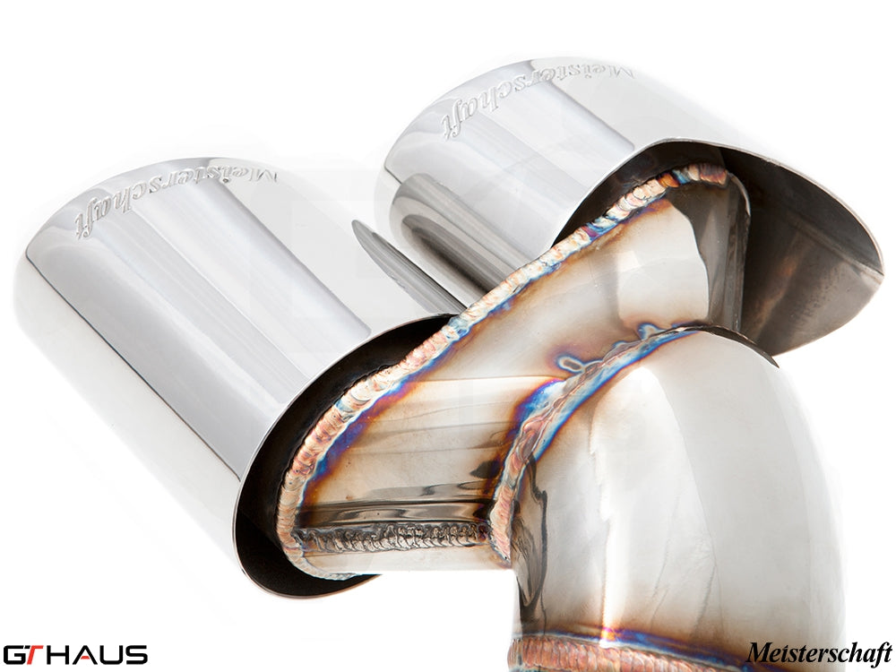 Premium stainless steel exhaust tips for BMW E70 X5 5.0i, showcasing expert craftsmanship and polished finish.