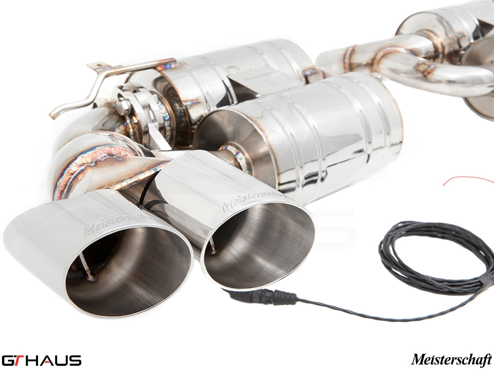 Premium Meisterschaft exhaust system for BMW E70 X5 5.0i, featuring polished tips and electronic valve control.