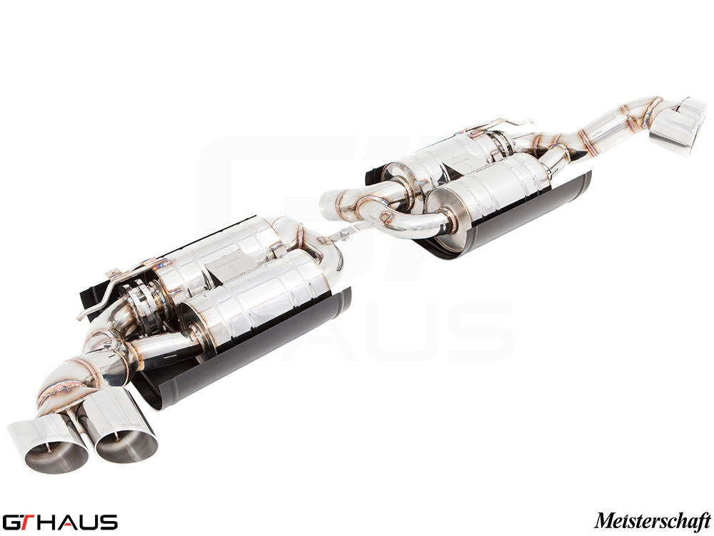 Premium performance exhaust system for BMW E70 X5 5.0i, featuring stainless steel construction and dual tips.