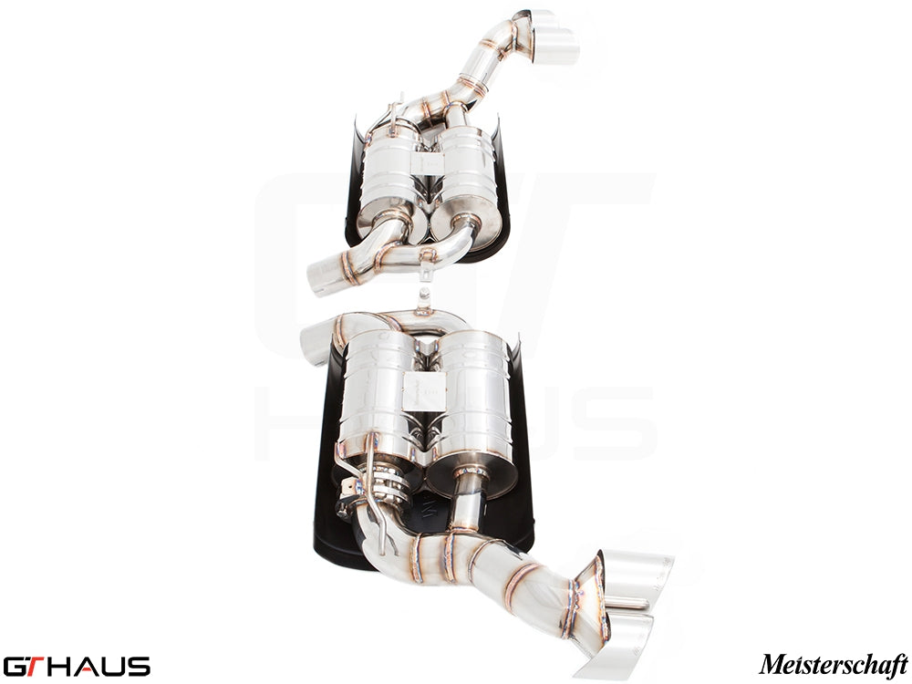 Premium performance exhaust system for BMW E70 X5 5.0i, featuring stainless steel construction and dual tips.