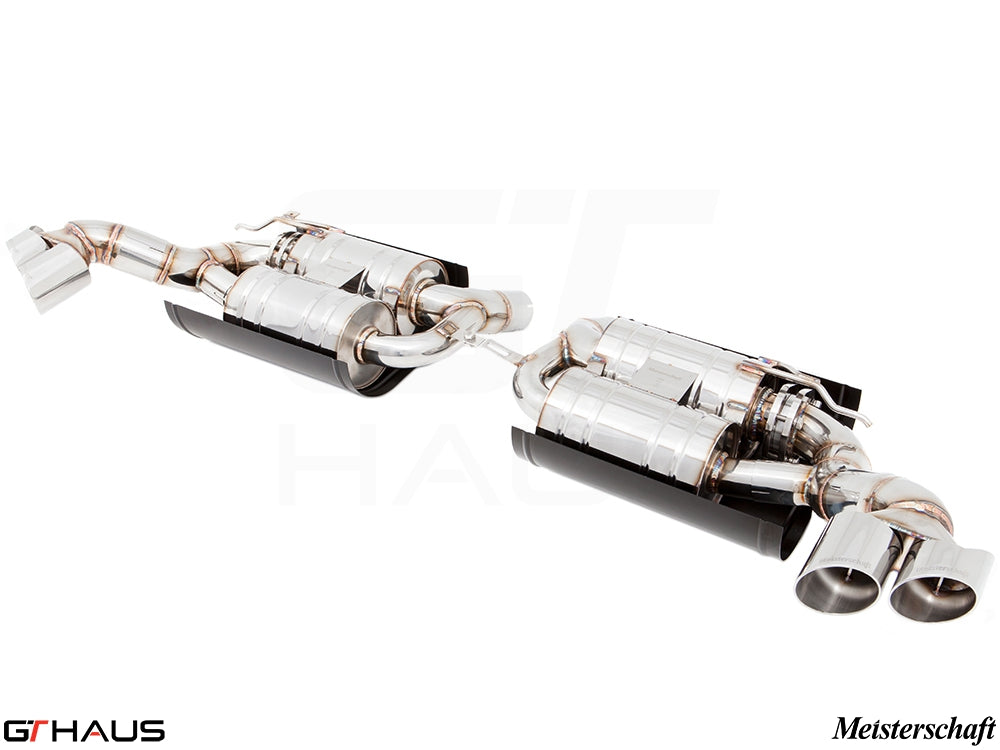Premium exhaust system for BMW E70 X5 SAV 5.0i, featuring dual tips and polished stainless steel construction.