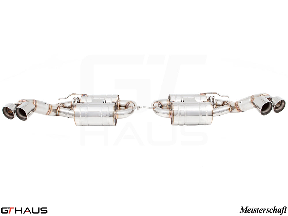 Premium performance exhaust system for BMW E70 X5 5.0i, featuring stainless steel construction and dual tips.