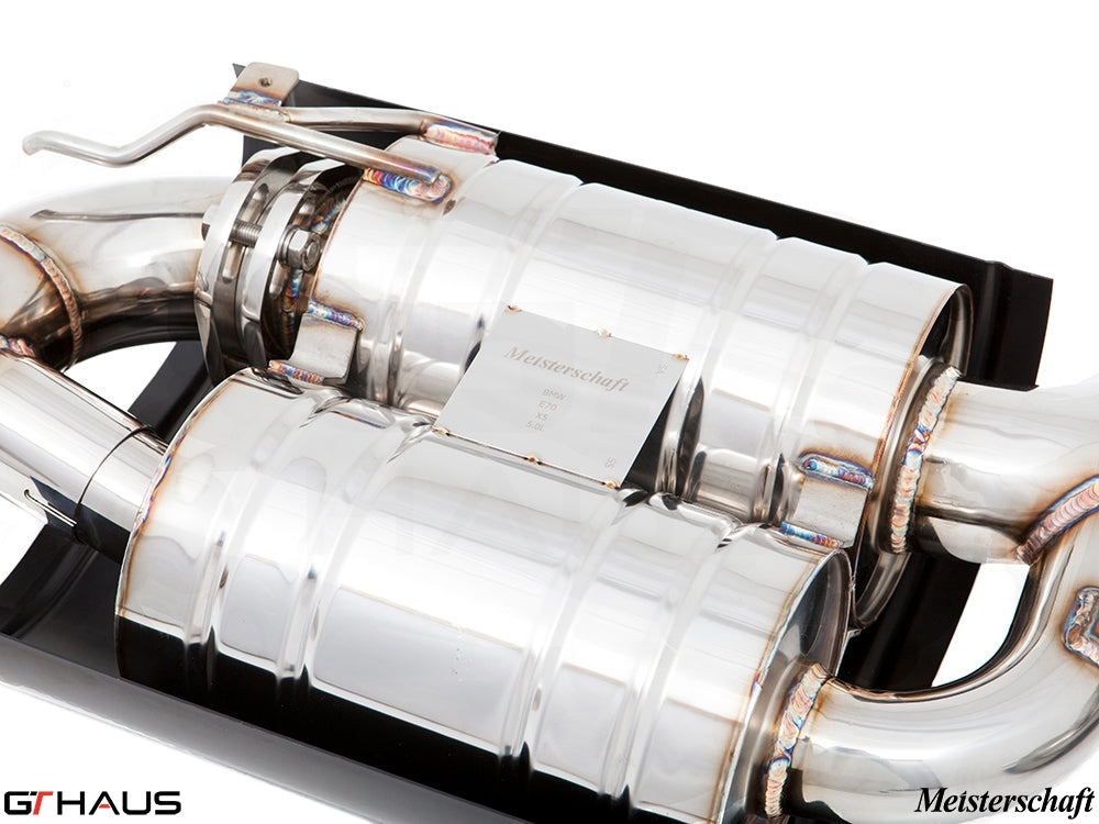 Premium Meisterschaft exhaust system for BMW E70 X5 SAV 5.0i, featuring polished stainless steel construction and advanced design.