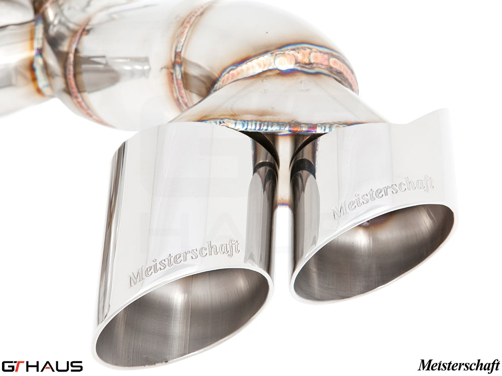 Premium Meisterschaft exhaust tips for BMW E70 X5 SAV 5.0i, showcasing polished stainless steel design and craftsmanship.