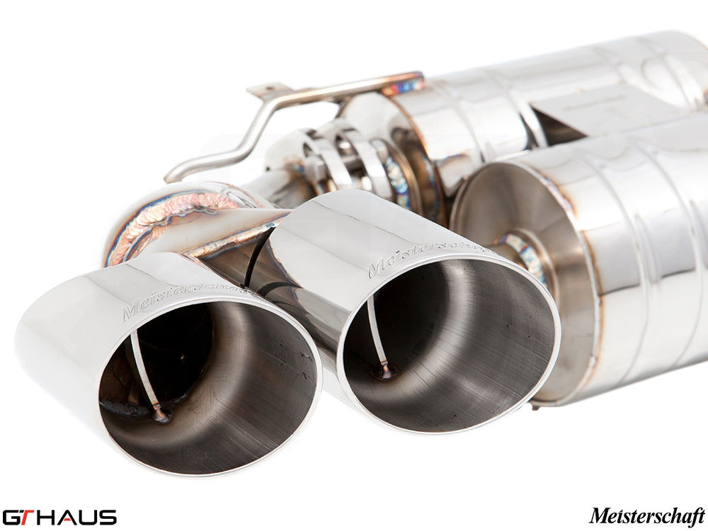 Premium Meisterschaft exhaust tips for BMW E70 X5 5.0i, showcasing polished stainless steel design and precision engineering.