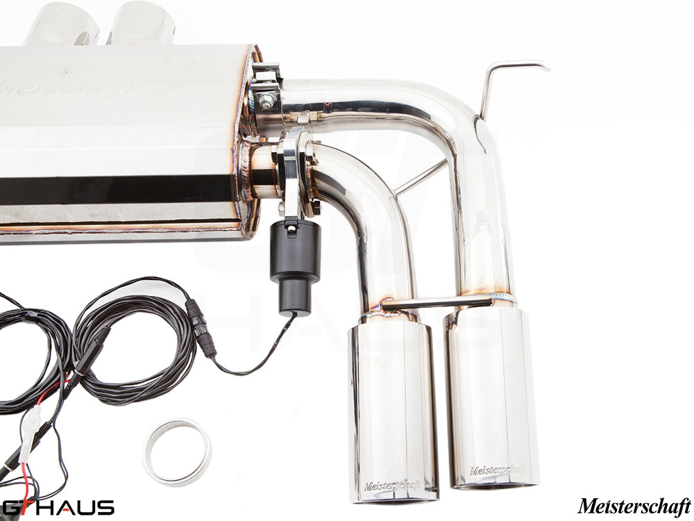 Premium Meisterschaft exhaust system for BMW E70 X5M, featuring dual polished tips and electronic valve control.