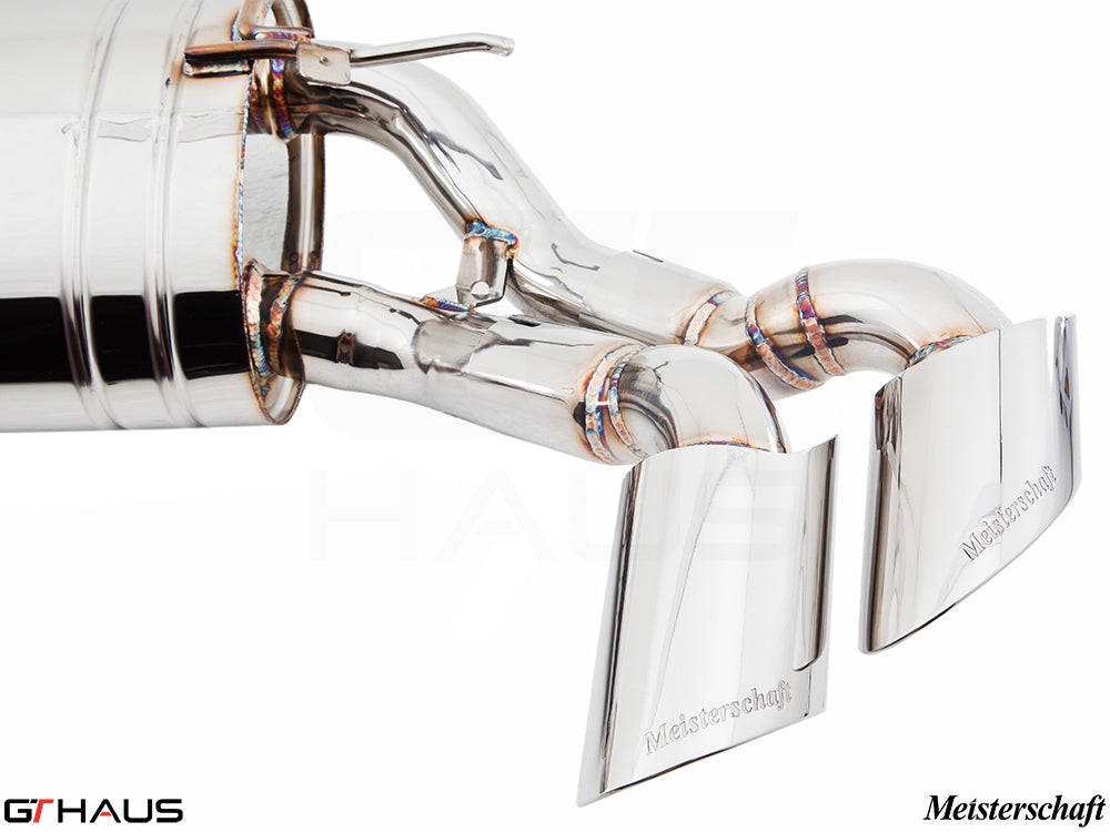 Premium Meisterschaft exhaust system for BMW E71 X6 SAV Sport 3.5i, featuring polished tips and stainless steel construction.