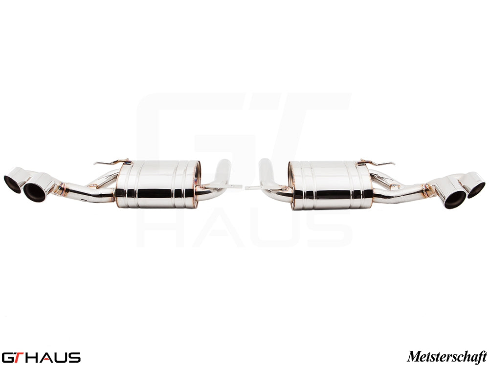 Premium Meisterschaft exhaust system for BMW E71 X6 SAV Sport 3.5i, featuring polished stainless steel and dual tips.