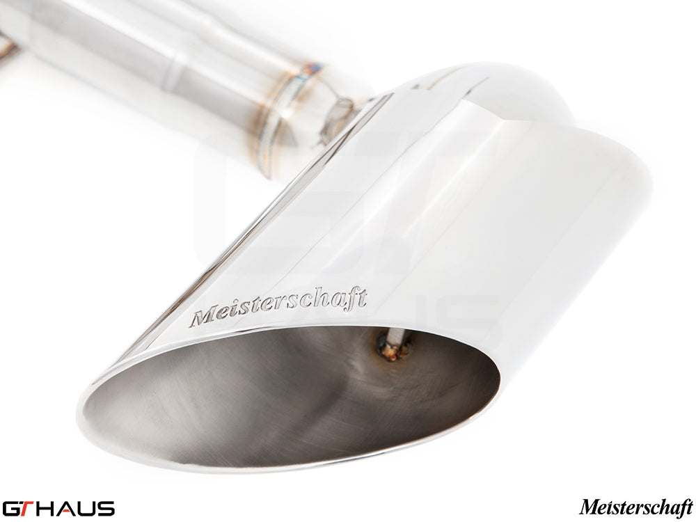 Meisterschaft exhaust tip for BMW E71 X6 SAV Sport 3.5i, showcasing polished stainless steel design and branding.