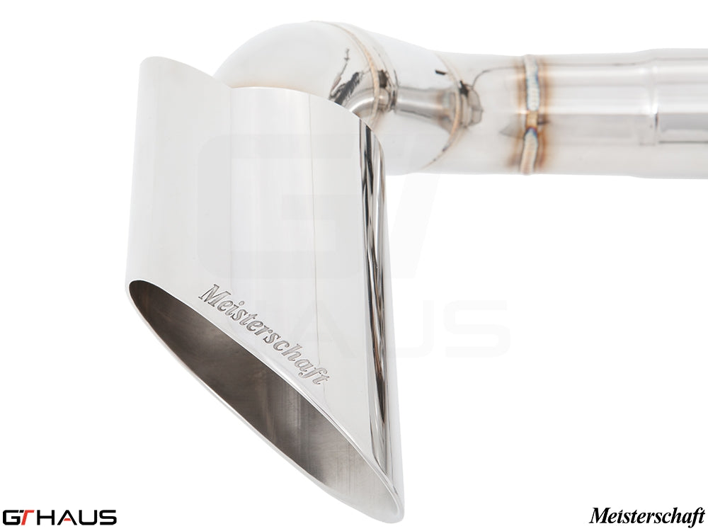 Premium stainless steel exhaust tip for BMW E71 X6 SAV Sport 3.5i, featuring Meisterschaft branding and sleek design.